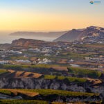 Landscape view of fields, vineyards and greek villages on Santorini